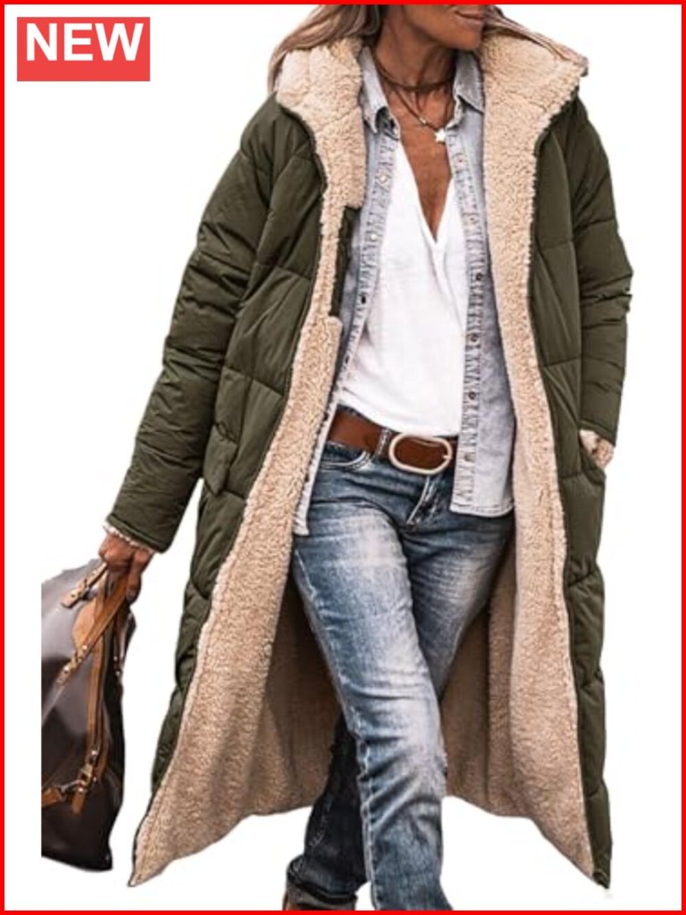 Women's Long Sherpa Fleece Jacket Full Zip Hooded Winter Puffer Coat